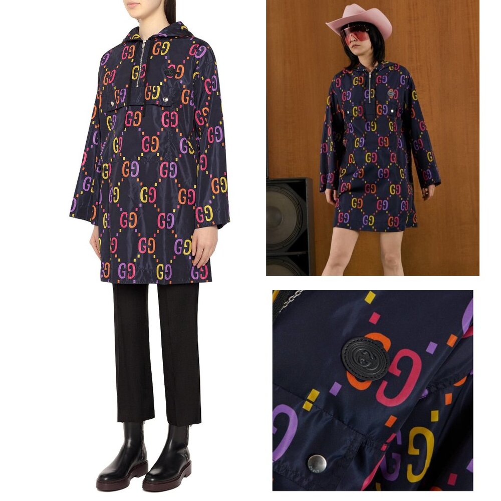 GUCCI JACKET JUMBO GG PRINTED BLUE ANORAK SHORT HOODED COAT sz IT 40 US 4
